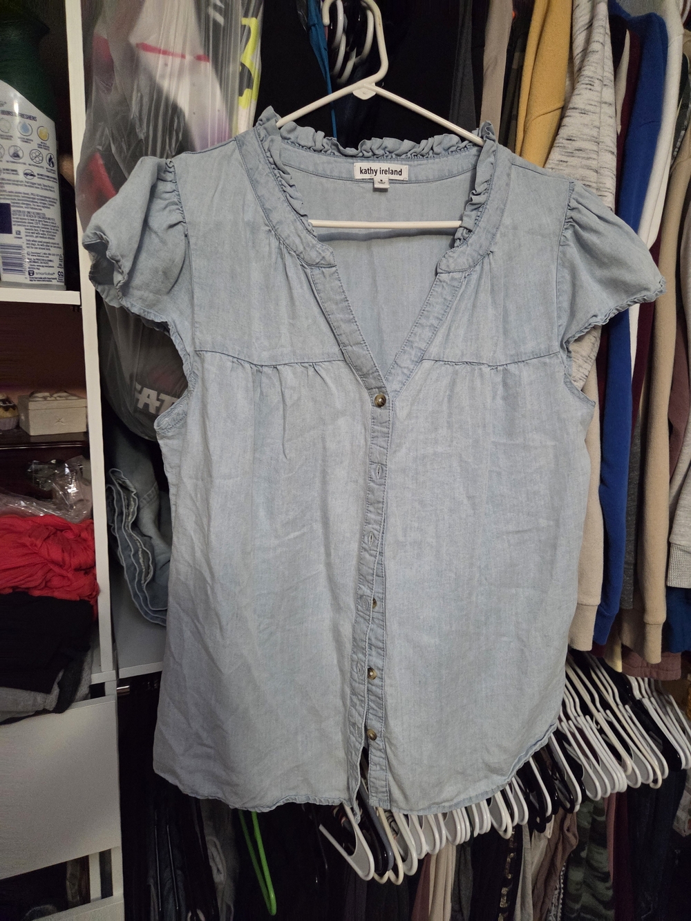 kathy ireland Light Blue Chambray Short-Sleeve Button Front Top